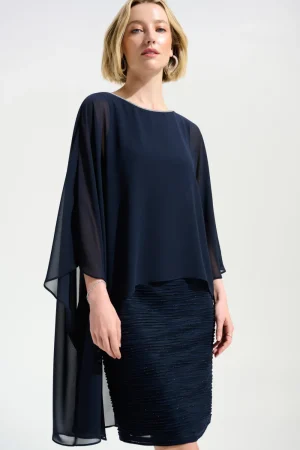 Joseph Ribkoff DRESSES|Cascade Knit Sheath Dress With Chiffon Poncho Overlay | Midnight