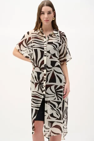 Joseph Ribkoff TEES & TOPS & SHIRTS|Chiffon Tropical Print Straight Blouse | Beige/Multi