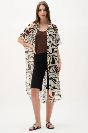 Joseph Ribkoff TEES & TOPS & SHIRTS|Chiffon Tropical Print Straight Blouse | Beige/Multi