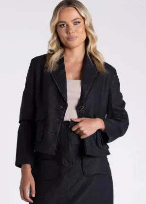 Two T's COATS & JACKETS|Crop Tweed Linen Crop Jacket | Black