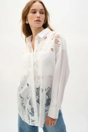 Joseph Ribkoff TEES & TOPS & SHIRTS|Delux Embroidered Shirt | White