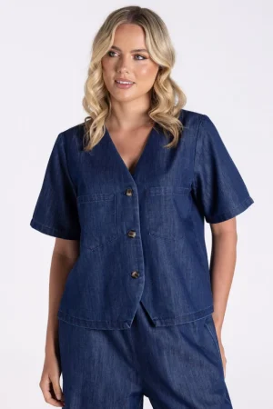 Two T's TEES & TOPS & SHIRTS|Denim Short Sleeve Top | Dark Denim