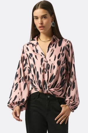Joseph Ribkoff TEES & TOPS & SHIRTS|Draped Satin Animal Print Blouse | Pink/Black