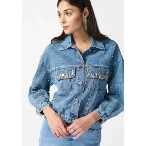 Joseph Ribkoff COATS & JACKETS|Embellished Diamante trim Boxy Denim Jacket