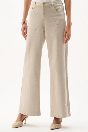 Joseph Ribkoff PANTS|Featherweave Wide Leg Jeans With Rhinestones | Moonstone