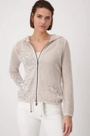 Monari JUMPERS & KNITWEAR|Floral Open Knit Cardigan | Warm Sand