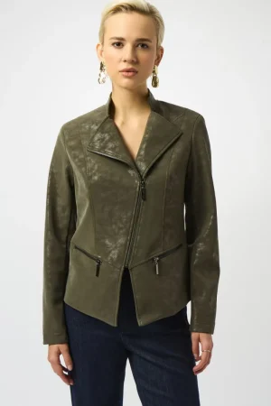 Joseph Ribkoff COATS & JACKETS|Foiled Faux Suede Fitted Moto Jacket | Avocado