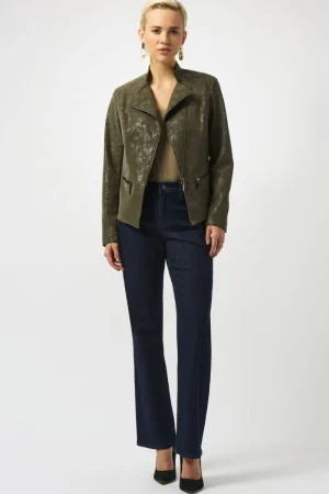 Joseph Ribkoff COATS & JACKETS|Foiled Faux Suede Fitted Moto Jacket | Avocado