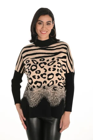 Frank Lyman JUMPERS & KNITWEAR|Animal Knit Sweater | Camel/Black