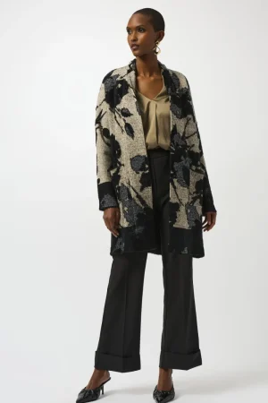 Joseph Ribkoff JUMPERS & KNITWEAR|Abstract Jacquard Sweater Knit Long Cardigan | Champagne/Black