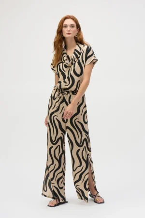 Joseph Ribkoff PANTS|Gauze Abstract Print Wide Leg Pants | Beige/Black