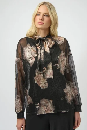 Joseph Ribkoff TEES & TOPS & SHIRTS|Plissé Knit Foiled Floral Top | Black/Multi