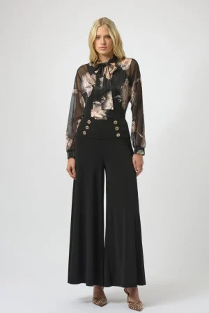 Joseph Ribkoff TEES & TOPS & SHIRTS|Plissé Knit Foiled Floral Top | Black/Multi