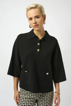 Joseph Ribkoff JUMPERS & KNITWEAR|Sweater Knit Boxy Pullover With Polo Collar | Black