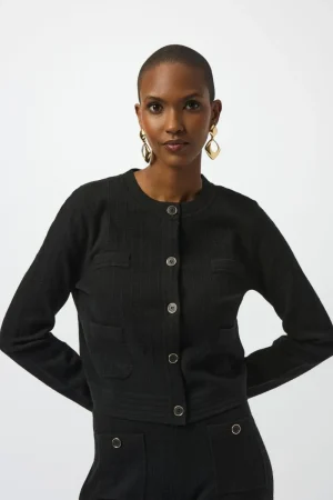 Joseph Ribkoff COATS & JACKETS|Sweater Knit Crew Neck Button-Front Jacket | Black
