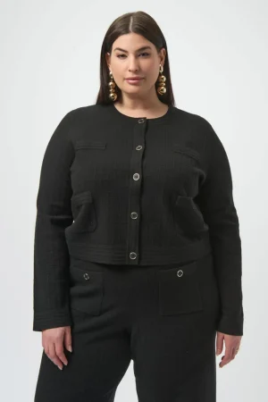 Joseph Ribkoff COATS & JACKETS|Sweater Knit Crew Neck Button-Front Jacket | Black