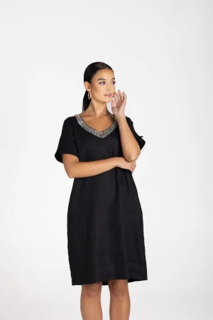 Two T's DRESSES|Linen V-Neck Beaded Dress | Black