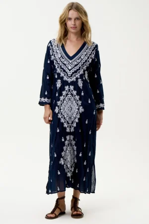 Oneseason DRESSES|Long Goa Dress | Navy/White Embroidery