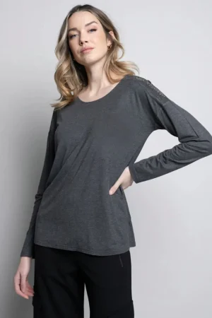 Picadilly TEES & TOPS & SHIRTS|Rhinestone Yoke Top | Heather Charcoal
