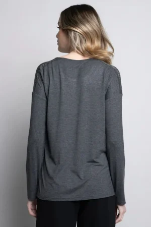 Picadilly TEES & TOPS & SHIRTS|Rhinestone Yoke Top | Heather Charcoal