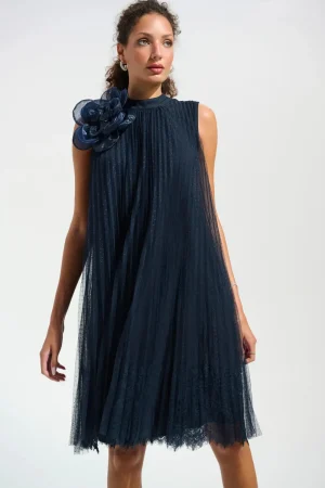 Joseph Ribkoff DRESSES|Pleated Mesh Lace flower Detail Dress | Midnight Blue