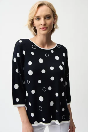 Joseph Ribkoff TEES & TOPS & SHIRTS|Polka Dot Print Relaxed Fit Sweater | Midnight Blue/Vanilla