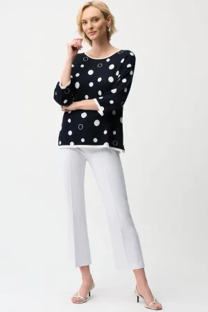Joseph Ribkoff TEES & TOPS & SHIRTS|Polka Dot Print Relaxed Fit Sweater | Midnight Blue/Vanilla