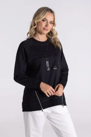 Two T's JUMPERS & KNITWEAR|Raglan Logo Sweater with Zip | Black