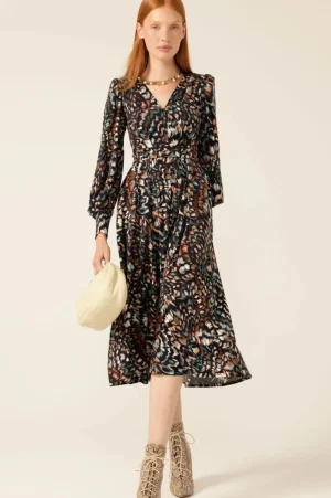 Sacha Drake DRESSES|Yvonne Midi Dress | Navy/Brown Feather