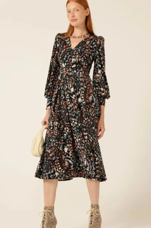 Sacha Drake DRESSES|Yvonne Midi Dress | Navy/Brown Feather