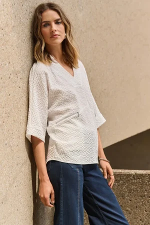 Joseph Ribkoff TEES & TOPS & SHIRTS|Seersucker High Low Top | White