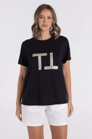 Two T's TEES & TOPS & SHIRTS|Sequin Logo Tee | Black