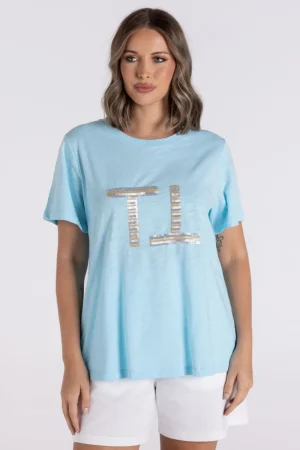 Two T's TEES & TOPS & SHIRTS|Sequin Logo Tee | Turquoise
