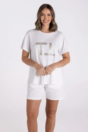 Two T's TEES & TOPS & SHIRTS|Sequin Logo Tee | White