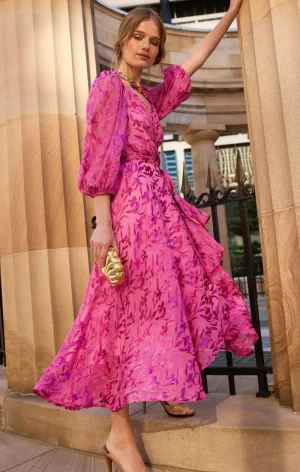 Sacha Drake DRESSES|Sherbet Breeze Midi Wrap Dress | Magenta Botanical