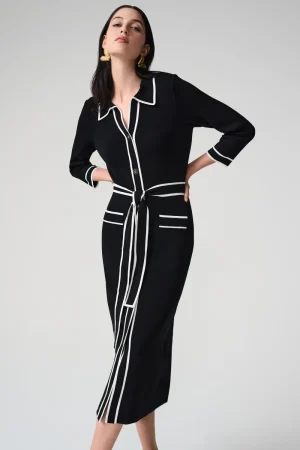 Joseph Ribkoff DRESSES|Shirt Dress with Contrast Piping And Sash | Black/Vanilla