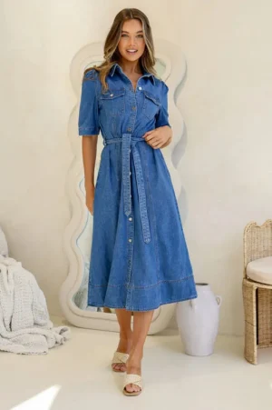 Shop 12 Bendigo DRESSES|Paltrow Denim Midi Dress | Mid Wash
