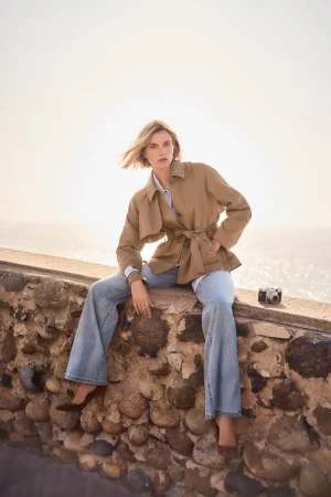 Joseph Ribkoff COATS & JACKETS|Short Trench with Belt and Rhinestones Detail | Tigers Eye