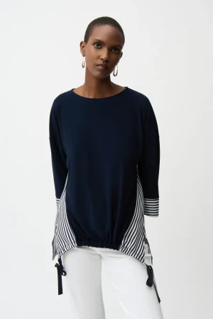 Joseph Ribkoff TEES & TOPS & SHIRTS|Silky Knit and Woven Stripe Top With High Low Hem | Navy/Off-White