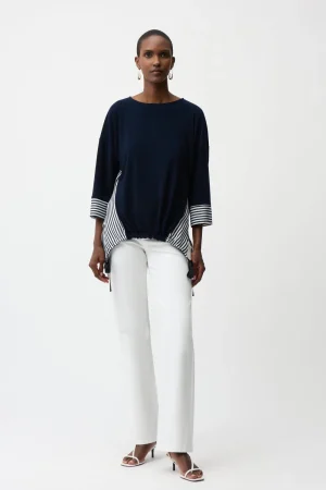 Joseph Ribkoff TEES & TOPS & SHIRTS|Silky Knit and Woven Stripe Top With High Low Hem | Navy/Off-White