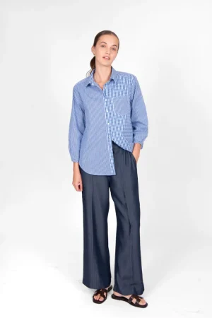 Fields TEES & TOPS & SHIRTS|Spliced Gingham Check Shirt | Cobalt