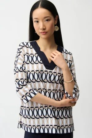 Joseph Ribkoff TEES & TOPS & SHIRTS|Stretch Poplin Geometric Print Tunic | Vanilla/Multi