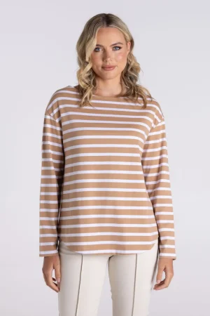 Two T's TEES & TOPS & SHIRTS|Stripe Boat Neck Top | Sand/White