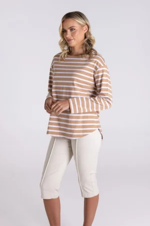 Two T's TEES & TOPS & SHIRTS|Stripe Boat Neck Top | Sand/White