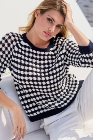 Monari JUMPERS & KNITWEAR|Striped Ajour Sweater | Deep Ocean Stripes