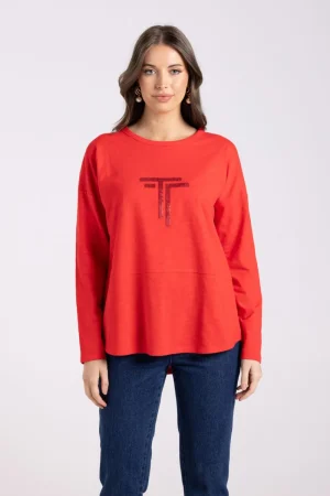 Two T's TEES & TOPS & SHIRTS|Two T's Crew Logo L/S Tee | Scarlet
