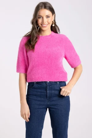 Two T's TEES & TOPS & SHIRTS|Two T's Fluffy Short Sleeve Crew | Bright Pink