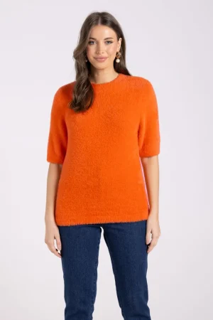 Two T's TEES & TOPS & SHIRTS|Two T's Fluffy Short Sleeve Crew | Tangerine