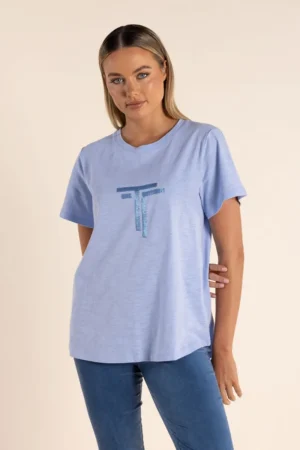 Two T's TEES & TOPS & SHIRTS|Two T's Sequin Logo Crew T-Shirt | Sky