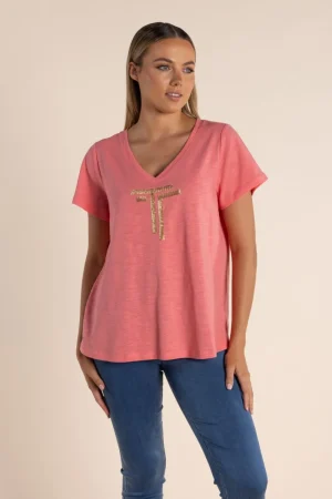 Two T's TEES & TOPS & SHIRTS|Two T's Sequin Logo V-Neck T-Shirt | Coral